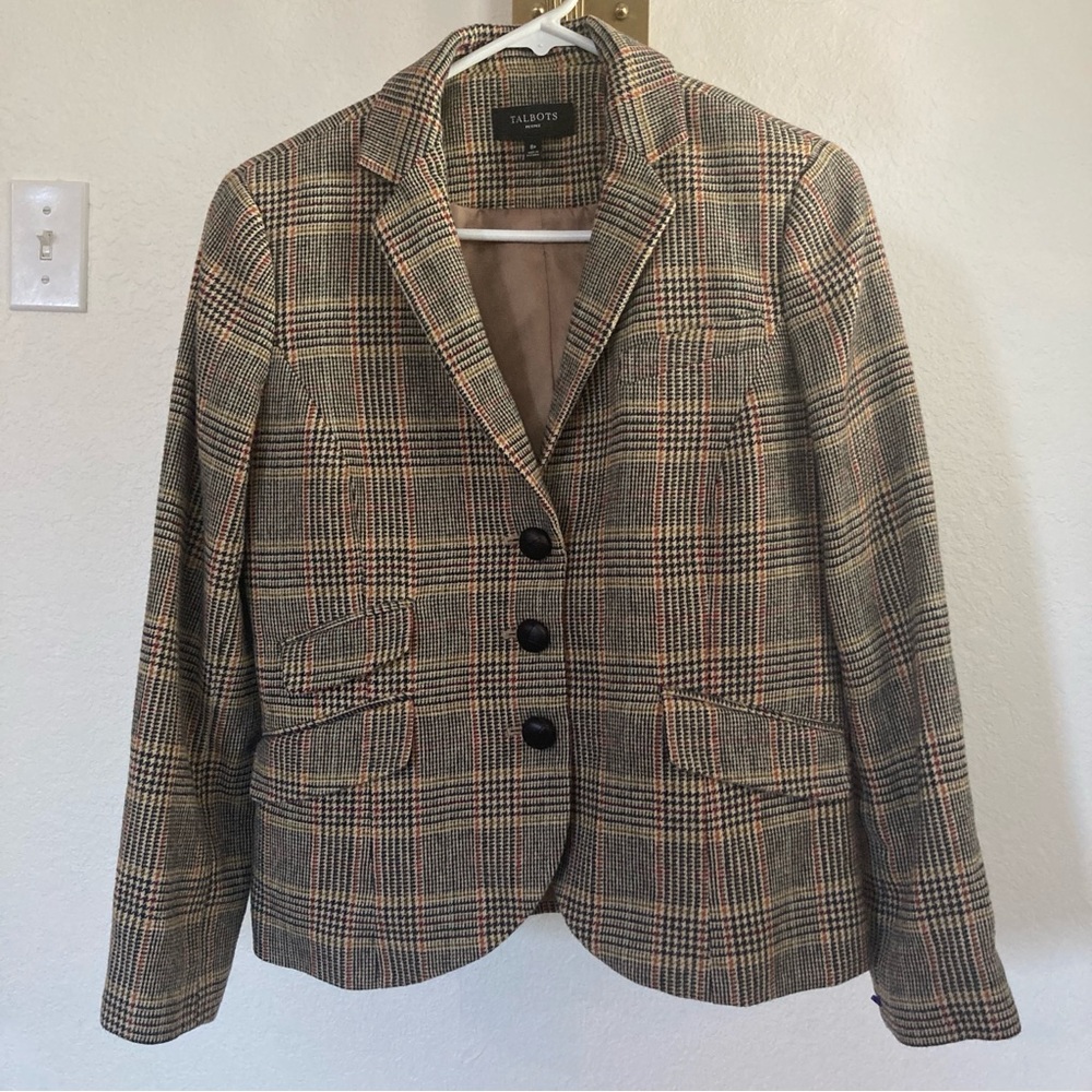 Talbots Women's Brown Wool Blend Plaid Blazer Elbow Patches Equestrian Size 8P